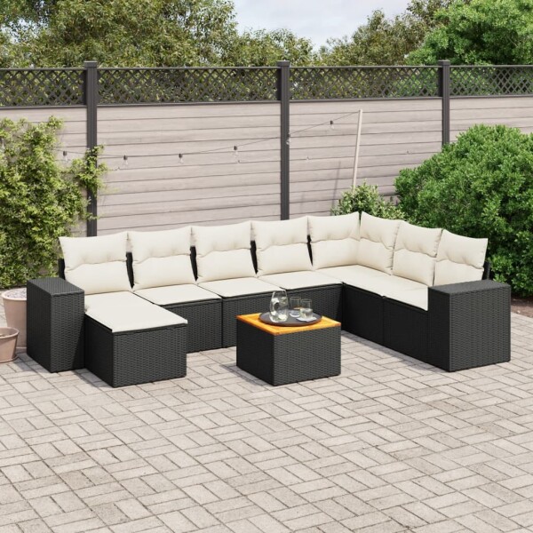 vidaXL 9-tlg. Garten-Sofagarnitur mit Kissen Schwarz Poly Rattan