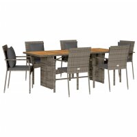 vidaXL 7-tlg. Garten-Essgruppe mit Kissen Grau Poly Rattan