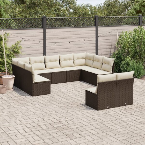 vidaXL 11-tlg. Garten-Sofagarnitur mit Kissen Braun Poly Rattan