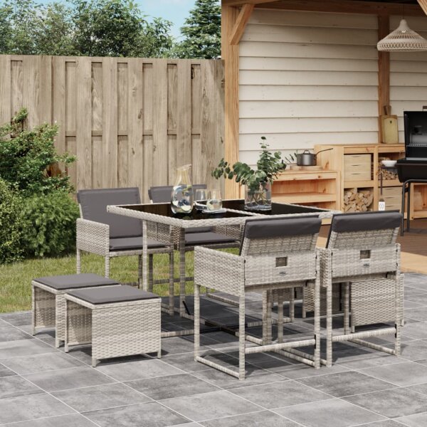 vidaXL 9-tlg. Garten-Essgruppe mit Kissen Hellgrau Poly Rattan