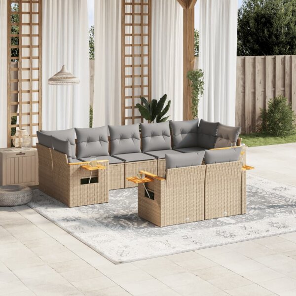 vidaXL 9-tlg. Garten-Sofagarnitur mit Kissen Beige Poly Rattan