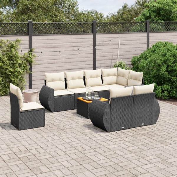 vidaXL 9-tlg. Garten-Sofagarnitur mit Kissen Schwarz Poly Rattan