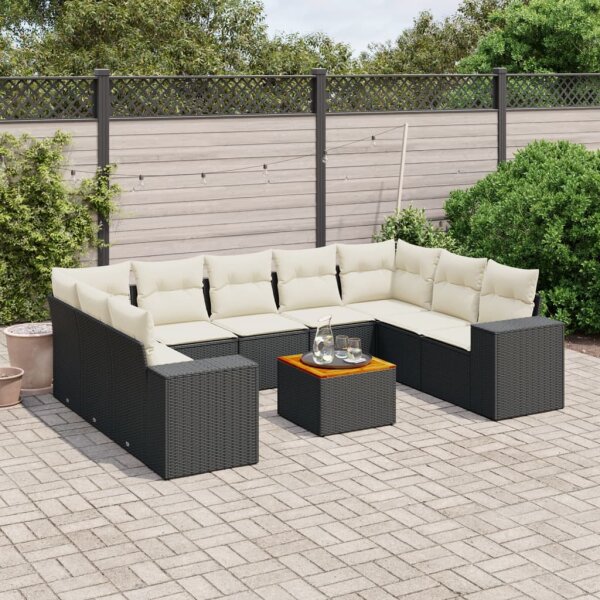 vidaXL 10-tlg. Garten-Sofagarnitur mit Kissen Schwarz Poly Rattan