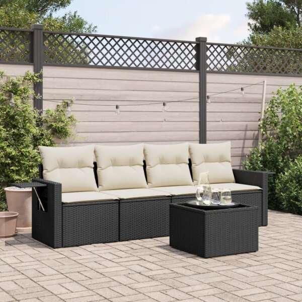 vidaXL 5-tlg. Garten-Sofagarnitur mit Kissen Schwarz Poly Rattan