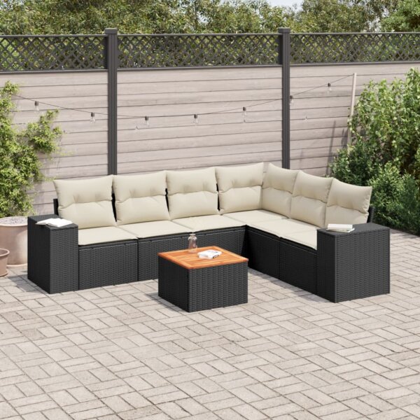 vidaXL 7-tlg. Garten-Sofagarnitur mit Kissen Schwarz Poly Rattan