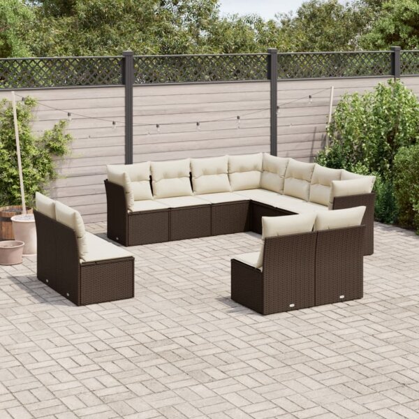 vidaXL 11-tlg. Garten-Sofagarnitur mit Kissen Braun Poly Rattan