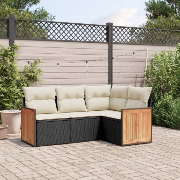 vidaXL 4-tlg. Garten-Sofagarnitur mit Kissen Schwarz Poly Rattan