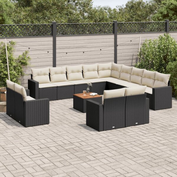 vidaXL 14-tlg. Garten-Sofagarnitur mit Kissen Schwarz Poly Rattan