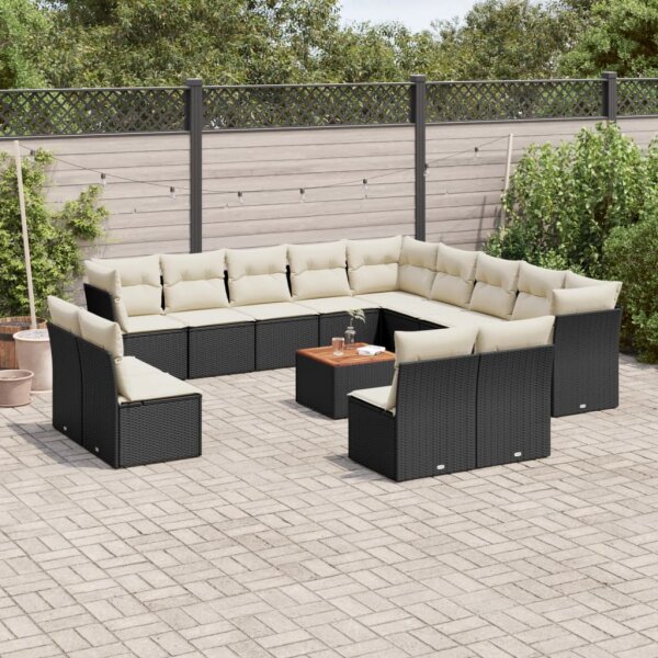 vidaXL 14-tlg. Garten-Sofagarnitur mit Kissen Schwarz Poly Rattan