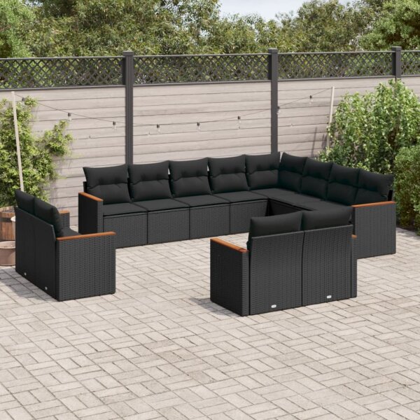 vidaXL 12-tlg. Garten-Sofagarnitur mit Kissen Schwarz Poly Rattan