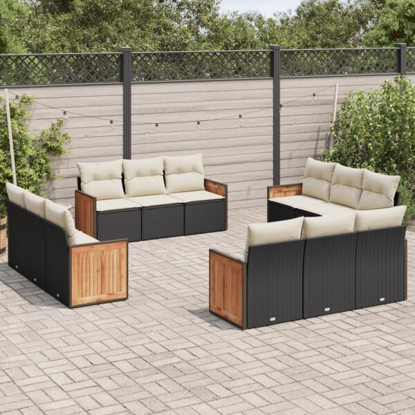 vidaXL 12-tlg. Garten-Sofagarnitur mit Kissen Schwarz Poly Rattan