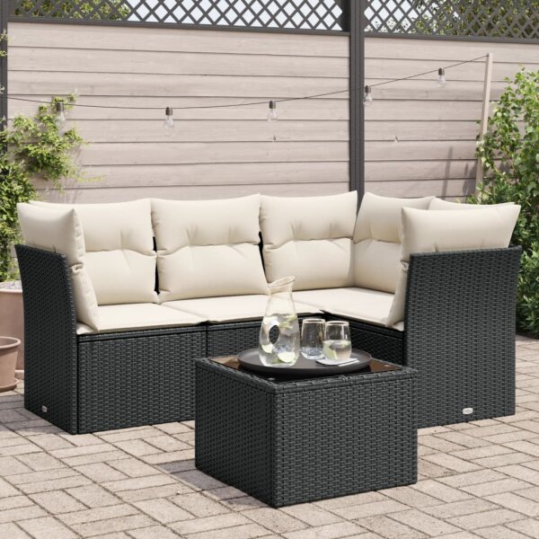 vidaXL 5-tlg. Garten-Sofagarnitur mit Kissen Schwarz Poly Rattan