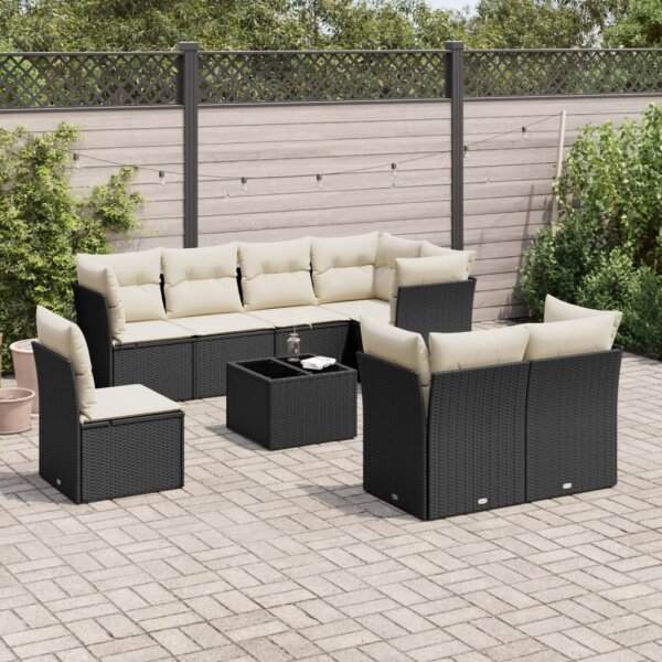 vidaXL 9-tlg. Garten-Sofagarnitur mit Kissen Schwarz Poly Rattan