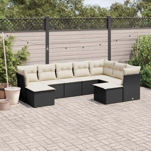 vidaXL 9-tlg. Garten-Sofagarnitur mit Kissen Schwarz Poly Rattan