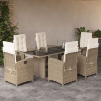 vidaXL 7-tlg. Garten-Essgruppe mit Kissen Beige Poly Rattan