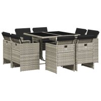 vidaXL 9-tlg. Garten-Essgruppe mit Kissen Hellgrau Poly Rattan