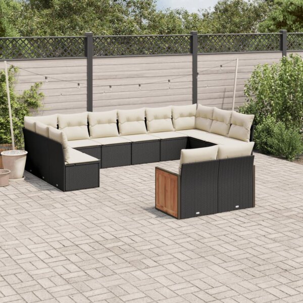 vidaXL 12-tlg. Garten-Sofagarnitur mit Kissen Schwarz Poly Rattan