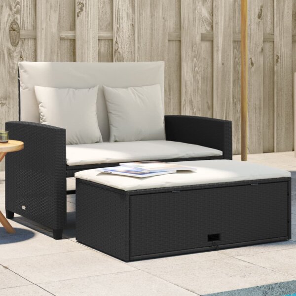 vidaXL Gartensofa mit Kissen 2-Sitzer Schwarz Poly Rattan