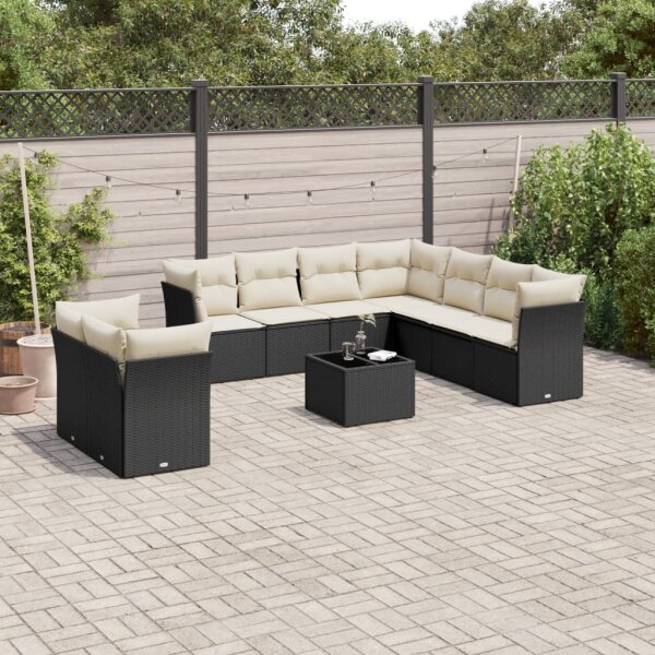 vidaXL 10-tlg. Garten-Sofagarnitur mit Kissen Schwarz Poly Rattan