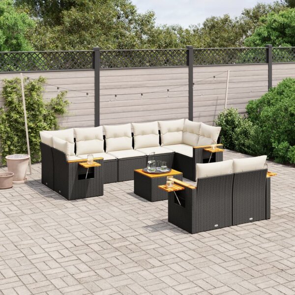 vidaXL 10-tlg. Garten-Sofagarnitur mit Kissen Schwarz Poly Rattan