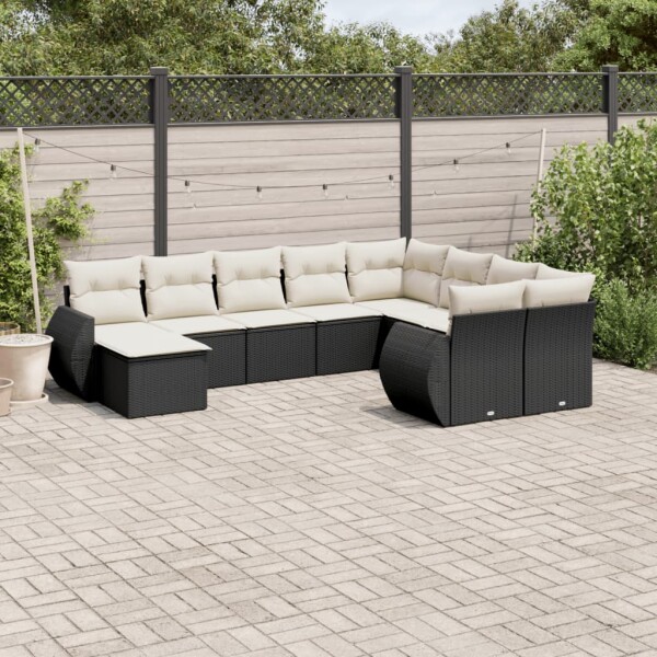 vidaXL 10-tlg. Garten-Sofagarnitur mit Kissen Schwarz Poly Rattan