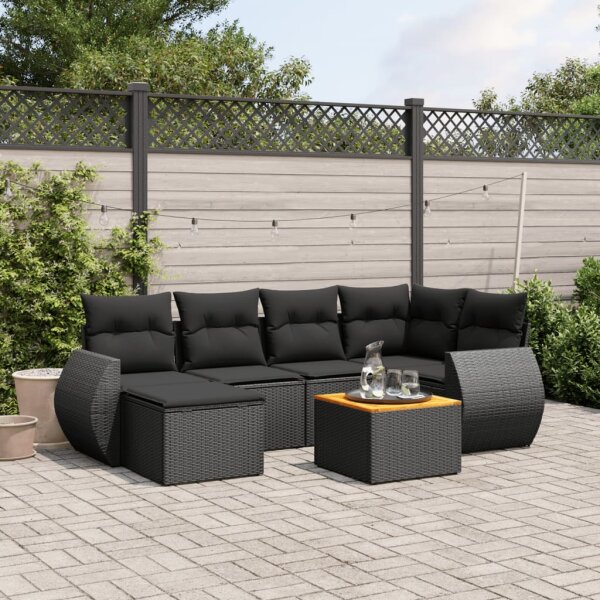 vidaXL 7-tlg. Garten-Sofagarnitur mit Kissen Schwarz Poly Rattan