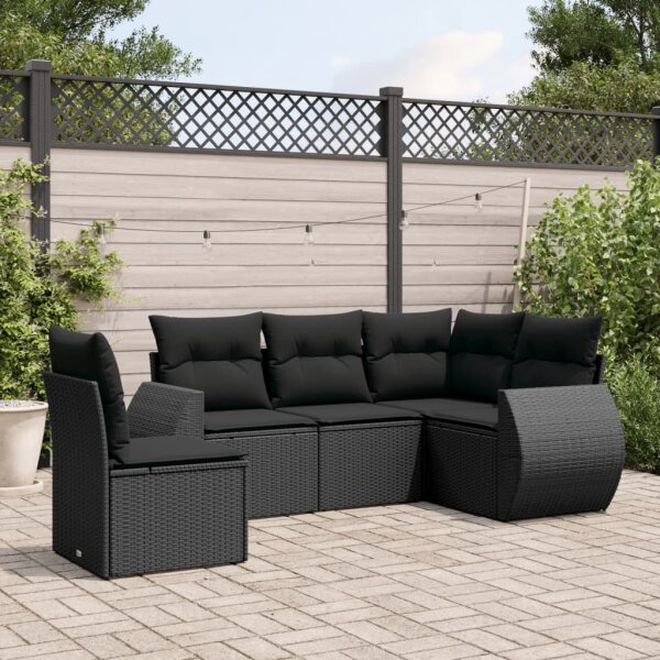 vidaXL 5-tlg. Garten-Sofagarnitur mit Kissen Schwarz Poly Rattan