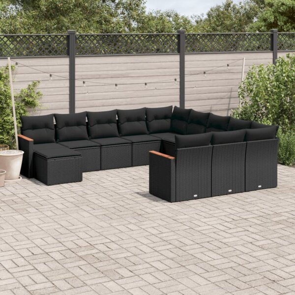 vidaXL 12-tlg. Garten-Sofagarnitur mit Kissen Schwarz Poly Rattan