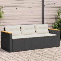 vidaXL Gartensofa mit Kissen 3-Sitzer Schwarz Poly Rattan