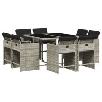 vidaXL 9-tlg. Garten-Essgruppe mit Kissen Hellgrau Poly Rattan