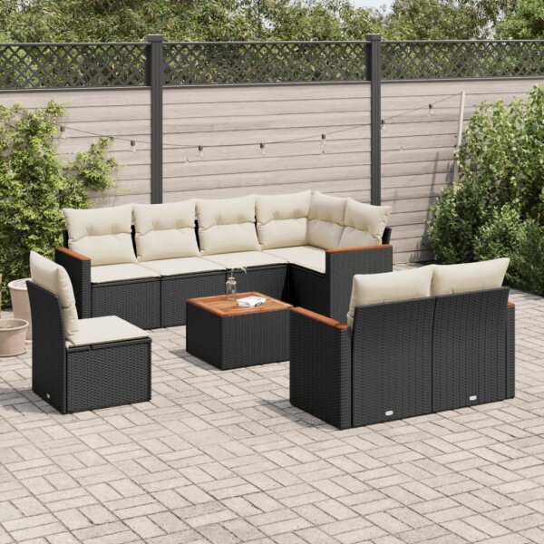 vidaXL 9-tlg. Garten-Sofagarnitur mit Kissen Schwarz Poly Rattan