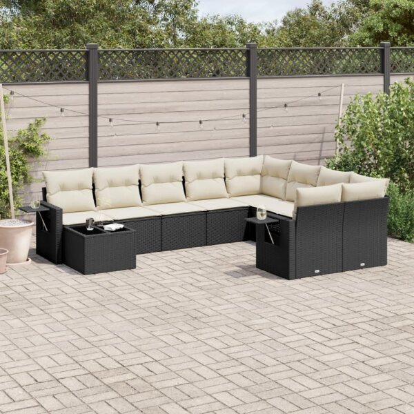 vidaXL 10-tlg. Garten-Sofagarnitur mit Kissen Schwarz Poly Rattan