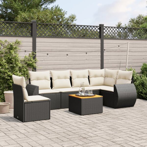 vidaXL 7-tlg. Garten-Sofagarnitur mit Kissen Schwarz Poly Rattan