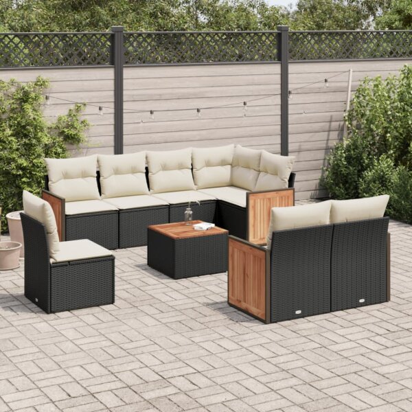 vidaXL 9-tlg. Garten-Sofagarnitur mit Kissen Schwarz Poly Rattan