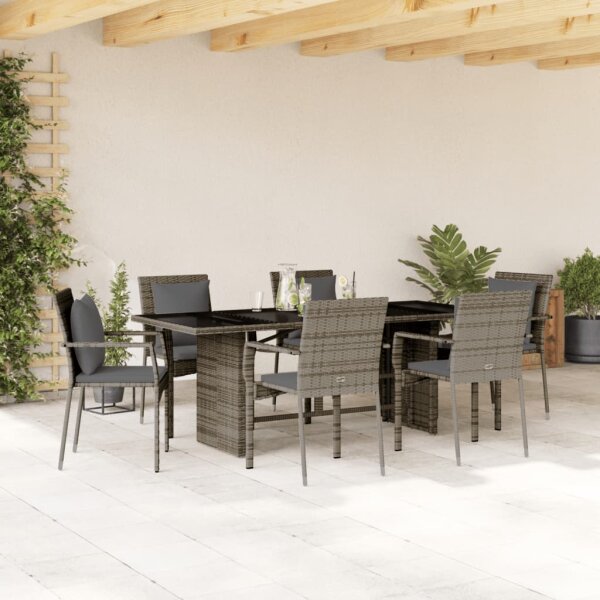 vidaXL 7-tlg. Garten-Essgruppe mit Kissen Grau Poly Rattan