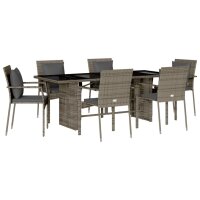 vidaXL 7-tlg. Garten-Essgruppe mit Kissen Grau Poly Rattan