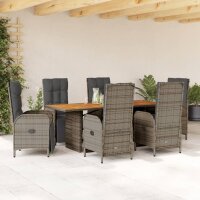 vidaXL 7-tlg. Garten-Essgruppe mit Kissen Grau Poly Rattan