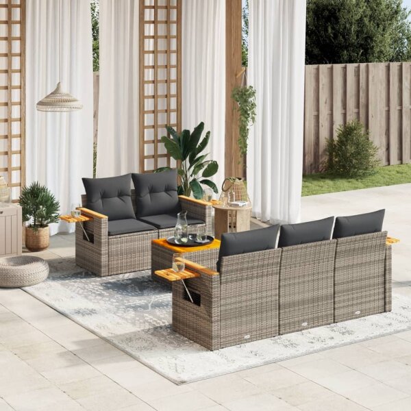 vidaXL 6-tlg. Garten-Sofagarnitur mit Kissen Grau Poly Rattan