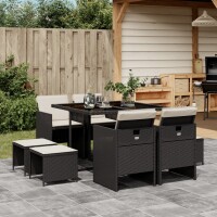 vidaXL 9-tlg. Garten-Essgruppe mit Kissen Schwarz Poly Rattan