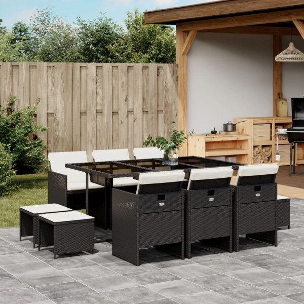 vidaXL 11-tlg. Garten-Essgruppe mit Kissen Schwarz Poly Rattan