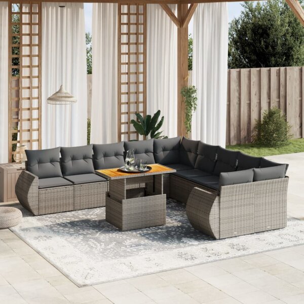 vidaXL 11-tlg. Garten-Sofagarnitur mit Kissen Grau Poly Rattan