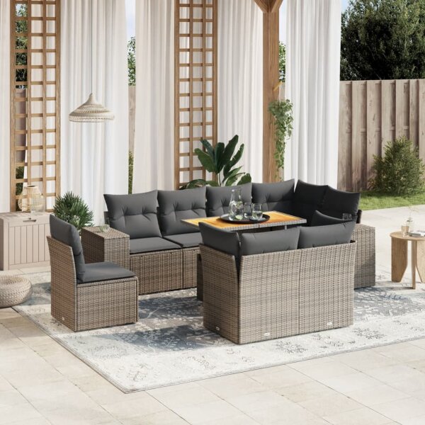 vidaXL 9-tlg. Garten-Sofagarnitur mit Kissen Grau Poly Rattan