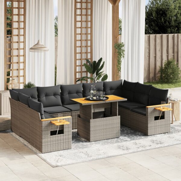 vidaXL 10-tlg. Garten-Sofagarnitur mit Kissen Grau Poly Rattan