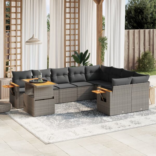 vidaXL 10-tlg. Garten-Sofagarnitur mit Kissen Grau Poly Rattan