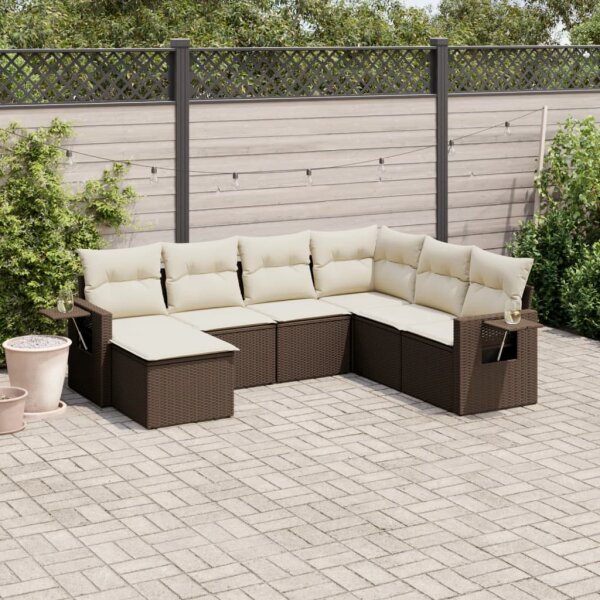 vidaXL 7-tlg. Garten-Sofagarnitur mit Kissen Braun Poly Rattan