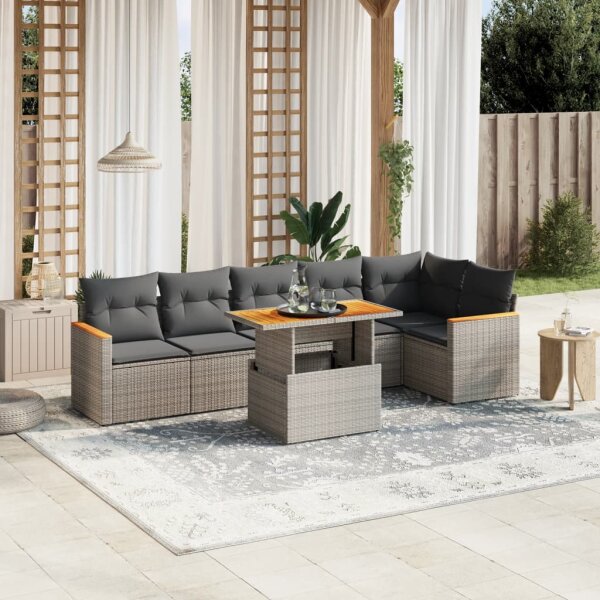 vidaXL 7-tlg. Garten-Sofagarnitur mit Kissen Grau Poly Rattan