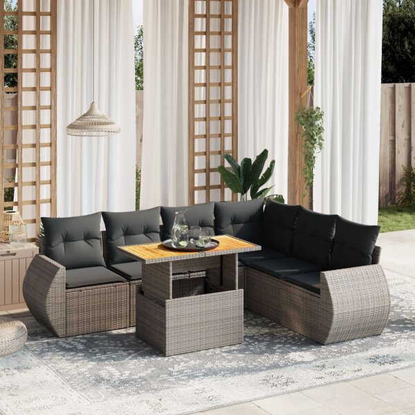 vidaXL 7-tlg. Garten-Sofagarnitur mit Kissen Grau Poly Rattan