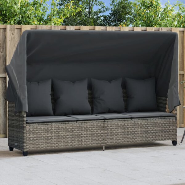 vidaXL Sonnenliege mit Dach und Kissen Grau Poly Rattan