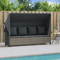 vidaXL Sonnenliege mit Dach und Kissen Grau Poly Rattan