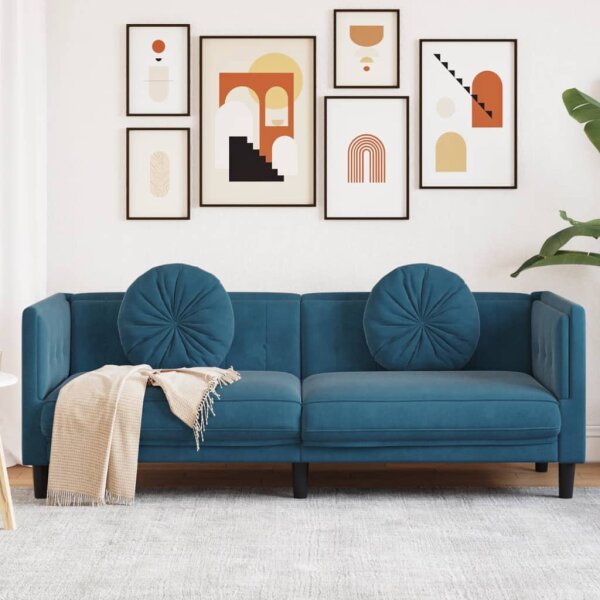 vidaXL Sofa mit Kissen 3-Sitzer Blau Samt